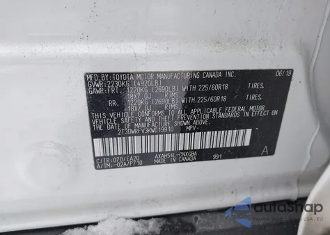 2019 Toyota Rav4 Hybrid Limited z USA, uszkodzony, nr VIN 2T3DWRFV3KW019910